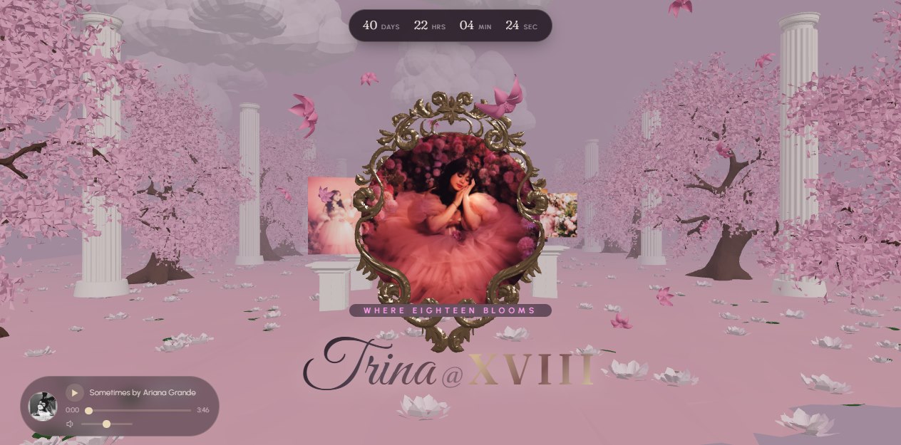 Trina's debut website with her portrait in a pink garden setting